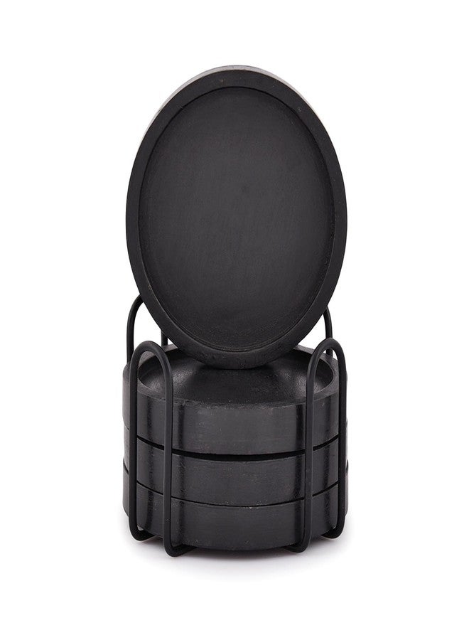 NIRMAN Wooden Coasters for Drinks Coffee Table, Round Drink Coasters with Holder for Tabletop Protection, Set of 4 (4" x 4" x 0.5") (Black) - Image 2